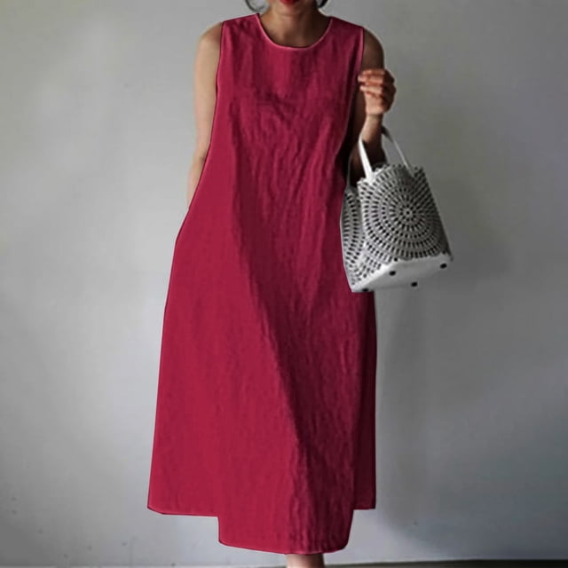 EGNMCR Robes de Fête pour Femmes Robe Débardeur Décontractée Sans Manches de Printemps/été pour Femmes, Unie, avec Poches, Col Rond, Plissée, en Coton et Lin