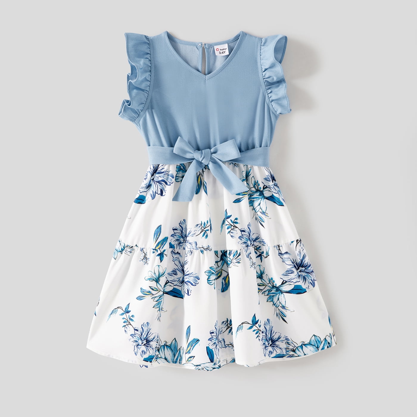 Family Matching Pink Ruffle V Neck Spaghetti Strap Splicing Floral Print Dresses and Short-sleeve T-shirts Sets