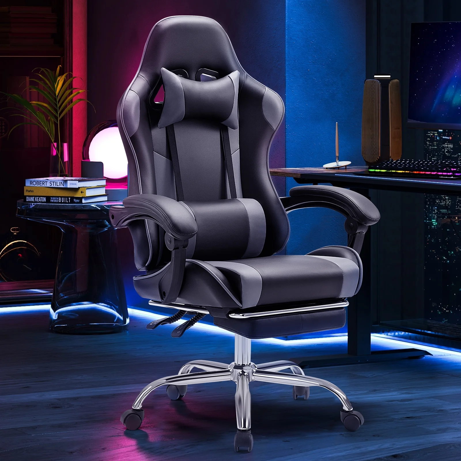 CONCETTA Gaming Chair with Footrest and Lumbar Support, Ergonomic Home Office Chair, Black and Gray