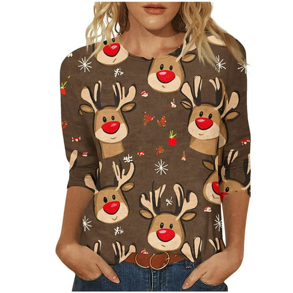 LiMoi Women's 3/4 Sleeve Round Neck Top with Festive Reindeer Pattern Tees Tshirts Shirts Blouse for Christmas Celebration My Items
