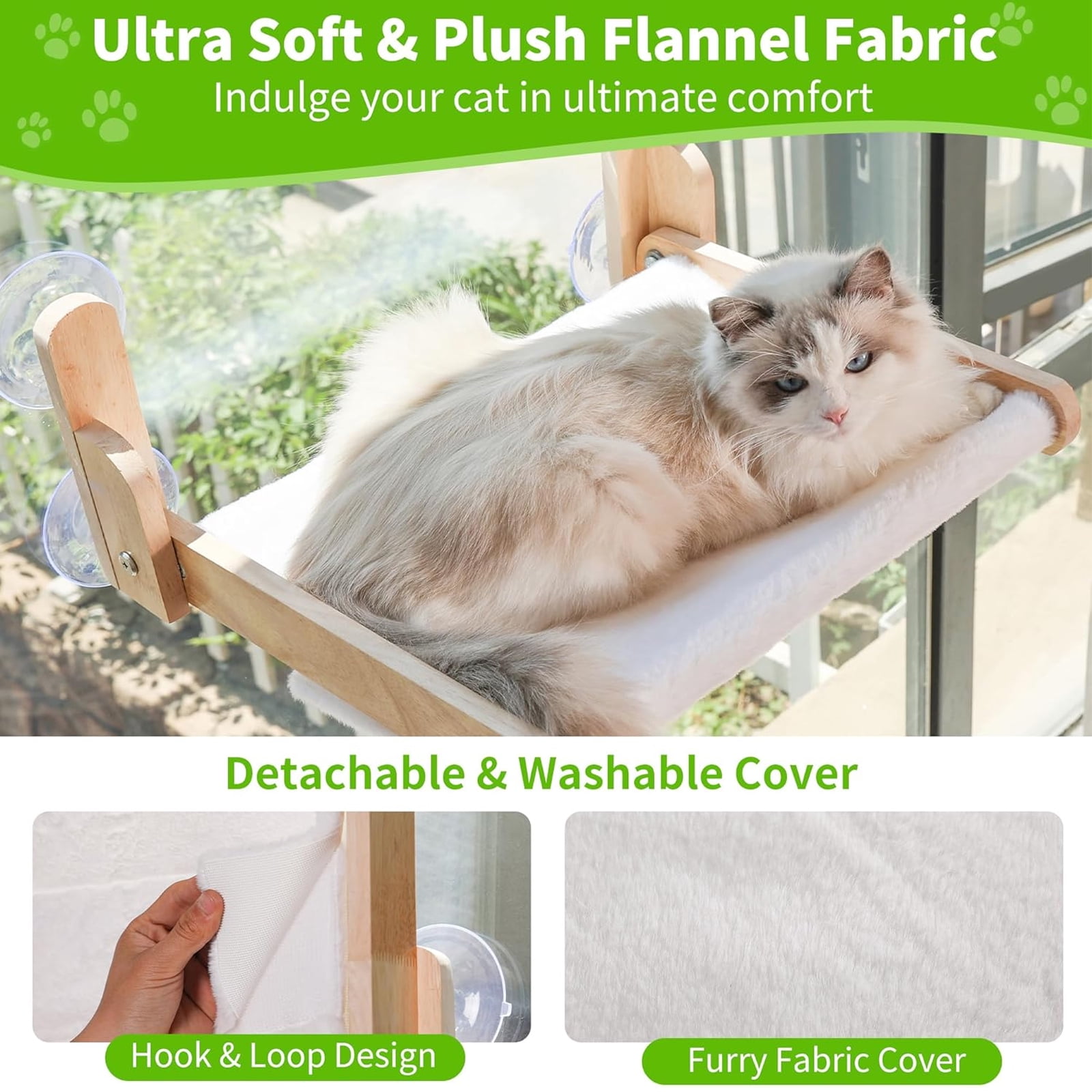 HQinX Cat Window Perch Wooden Frame Foldable Cat Hammock, Soft Faux Rabbit Fur Cover Washable, Strong Suction Cups No Drilling, Large Cat Bed