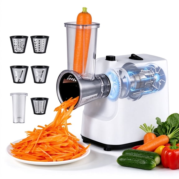 5-in-1 Electric Vegetable Slicer, 200W Powerful Electric Food Shredder Grater Equipped with 5 Stainless Steel Blades, Ideal for Kitchen Salad Making
