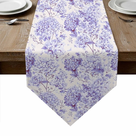 Purple Floral Table Runner Linen Burlap Table Runner 72 Inches Long Hydrangeas Flower Spring Summer Botanical Dresser Scarves for Kitchen Island Coffee Dining Room Party Wedding Holiday Decor 16"x72"