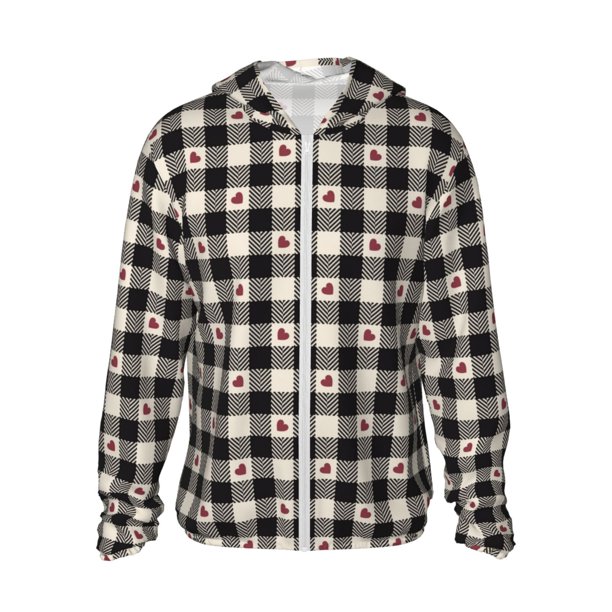 Balery Black Plaid Heart Sudadera ligera de manga larga con capucha y protección solar UPF 50+ para hombre y mujer, ideal para pesca y running-XX-Large