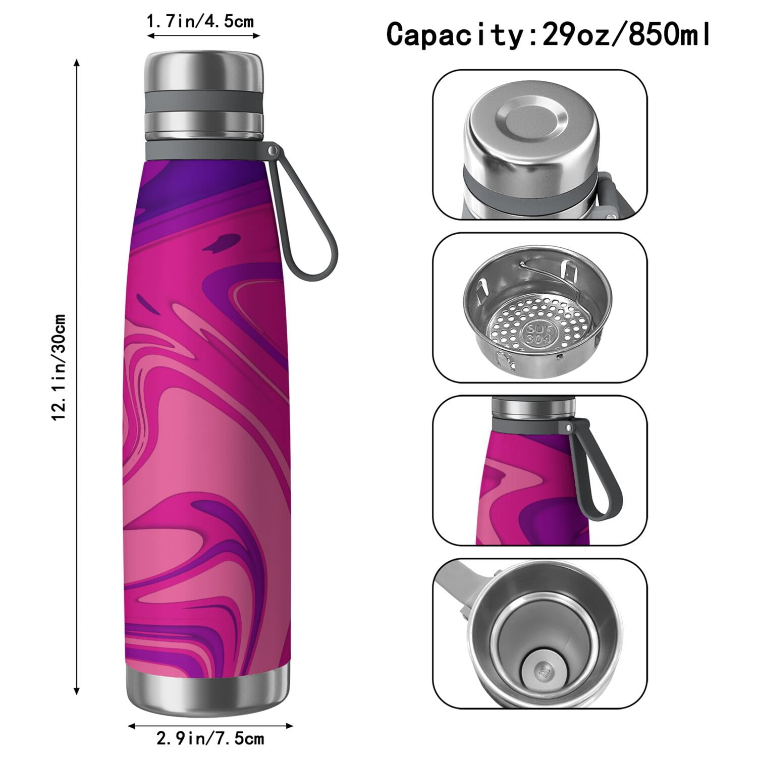 29oz Insulated Water Bottle with Tea Infuser, Stainless Steel Travel Mug, Liquid & Marble Print