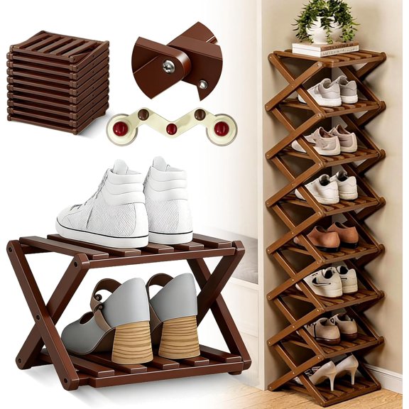The 9-Tier No-Assembly Bamboo Rack, 2026 Upgraded Foldable 9 Tier Bamboo Corner Shoe Rack, Space-Saving Organizer for Shoes, No Assembly Narrow Shoe Shelf for Entryway Closet Dorm (Brown, 2 Layers)