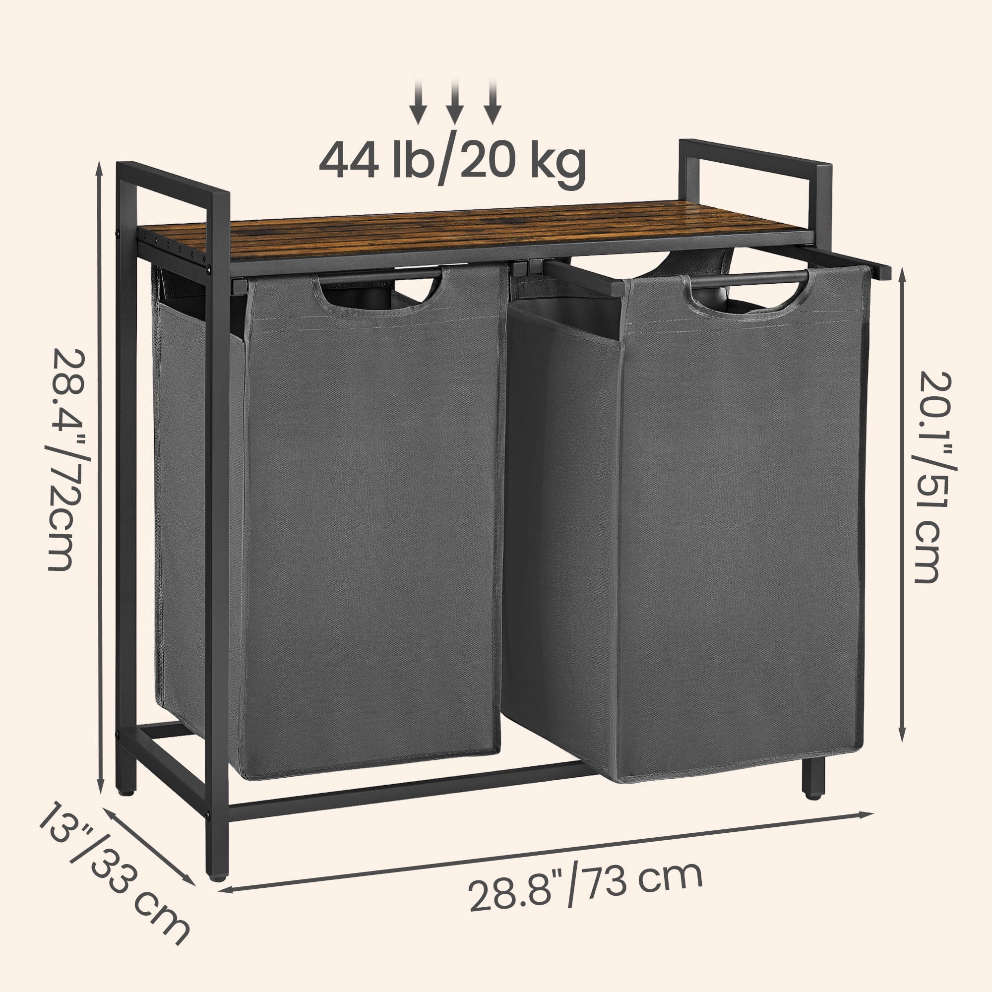 Ledrem Laundry Sorter Hamper with 2 Pull-Out Bags, Detergent Shelf, 2-Compartment, Rustic Brown/Gray
