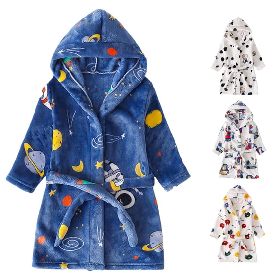 REDARER Unisex Plush Kids Bathrobe Lapel Hooded Long Sleeve Self Tie Waist Pockets Cartoon Cow Print Warm Absorbent Shower Night Home Loungewear Robe,5-6 Years