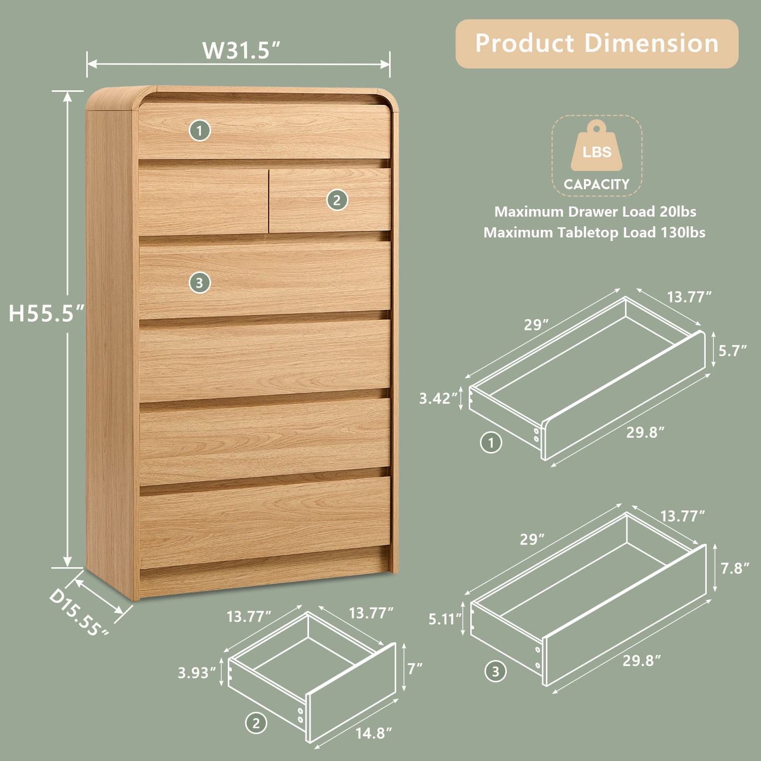 wow97e Modern Dressers for Bedroom, 55" Tall Wooden 7 Drawers & Chests of Drawers w/Curved Profile Design, Mid Century Vertical Dresser w/Natural Texture for Bedroom, Living Room