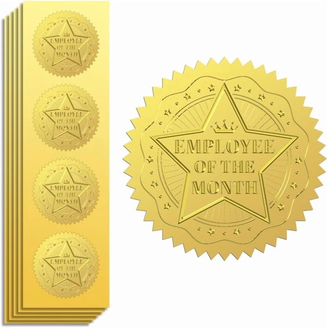 Sello adhesivo dorado con estrella en relieve con el "Empleado del mes", 2 pulgadas, 100 unidades, autoadhesivo, dorado, con relieve alrededor de la medalla.