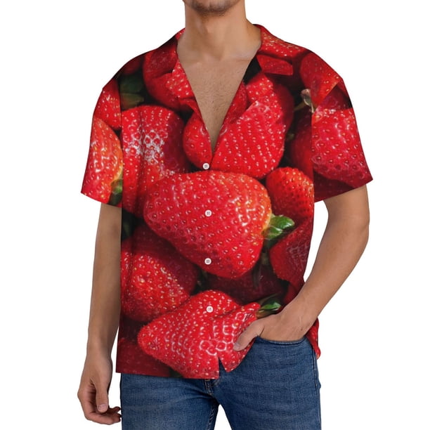 Balery Strawberry Red Camisa Casual de Manga Corta con Botones para Hombre, Texturizada, Estilo Cubano, para Playa, Verano-Small