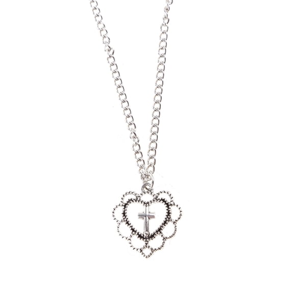 Necvior Heart for Cross Pendant Necklace Silver Tone Rope Chain Filigree Design Holiday