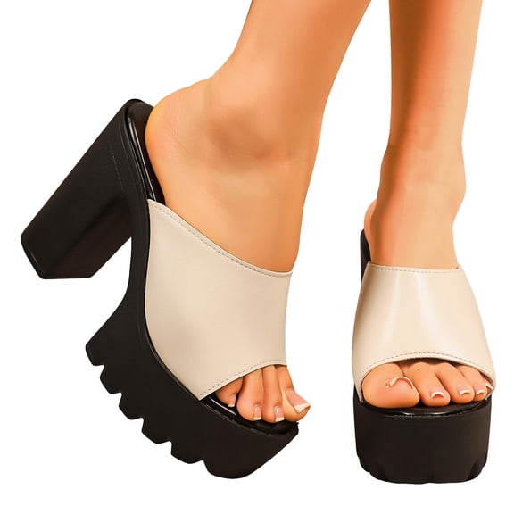 Platform Heels for Women Peep Toe Sandals Lug Sole High Block Heel Slip on Slides Shoes Casual Summer Dress Shoes Beige Size 8