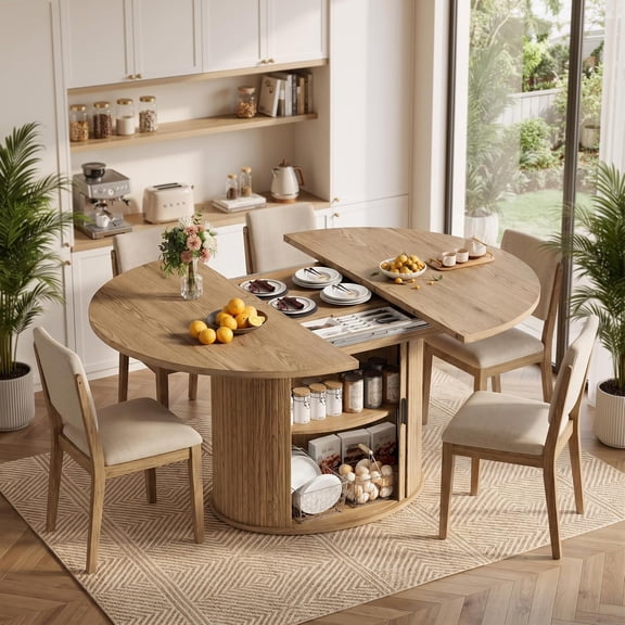 PAKASEPT Extendable Round Dining Table for 4-6 People, 43"-59" Modern Oval Kitchen Table with Fluted Base and Storage, Circle Dining Table for Dining Room, Natural