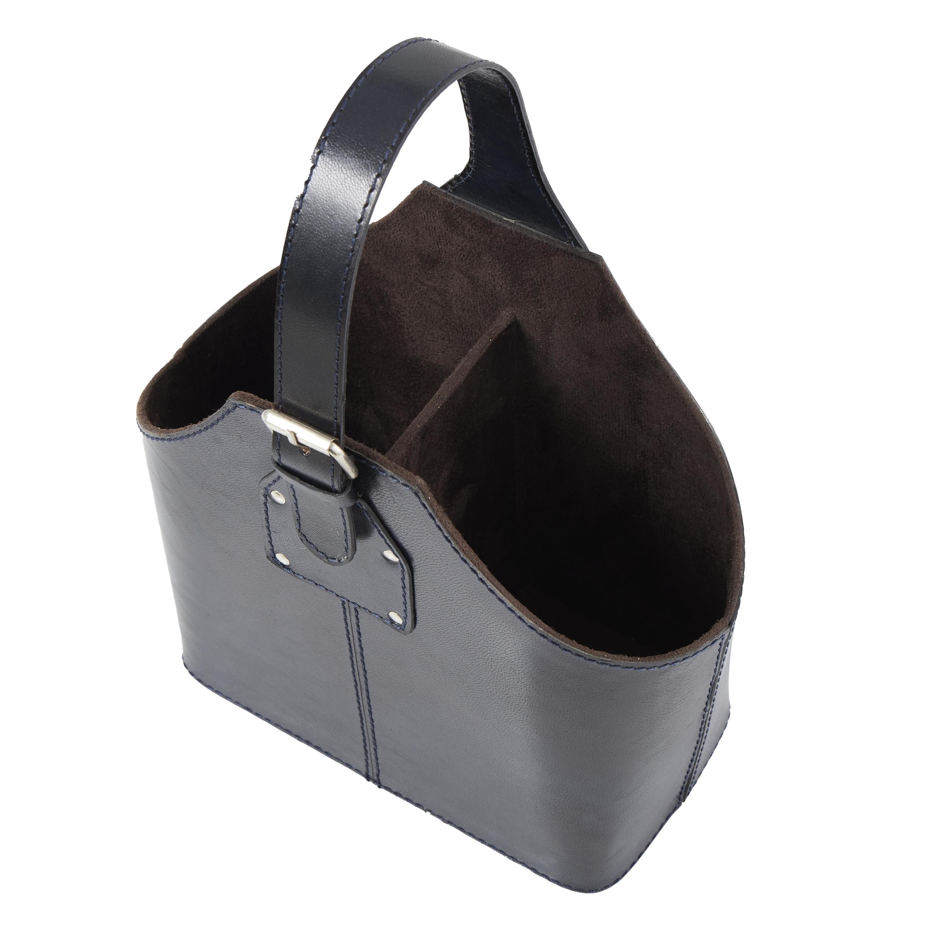 DecMode 10" x 13" Dark Blue Leather Handmade 2 Bottle Wine Holder with Carrying Handle, 1-Piece