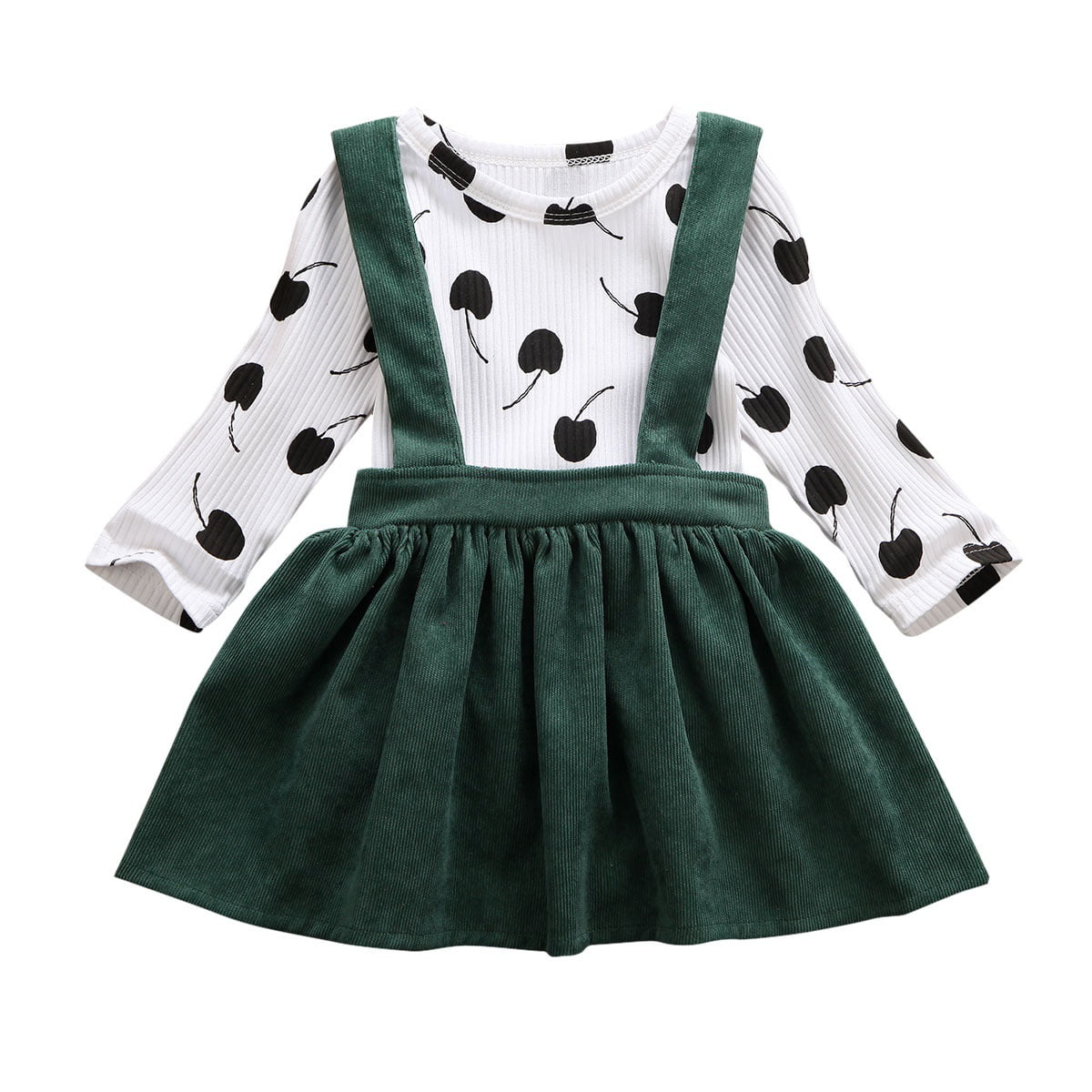 Kid Girls Party Birthday Black T-Shirt+Polka Dots Suspender Skirt Costume Outfit
