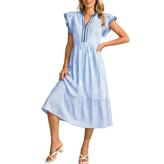Bosfbaoi Dresses for Women V Notch Neck Ruffle Cap Sleeve Striped High Waist Ruffle Hem Midi Dress