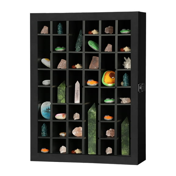 Rock Display Case - Rock Collection Box Wooden Crystal Organizer for Storage with Shelves for Agate Opal Crystal Stone Arrowheads Spear Points Rocks, Large Black