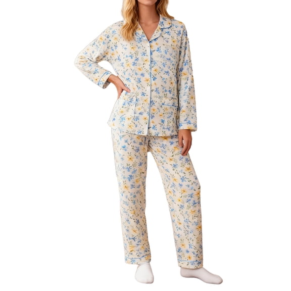 Yuanlong Womens Pajama Set 2-Piece Long Sleeve Collared Shirts & Pants Blue Yellow Floral Print Sleepwear Spring Summer Fresh Soft Pjs