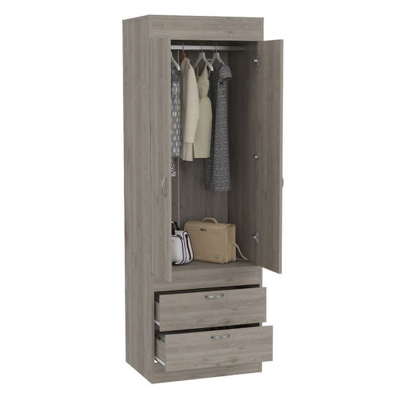 Cterwk 2 Door Wood Armoire with 2 Drawers and Metal Handle, Clothes Storage Cabinet for Living Room, Bedroom, Light Gray