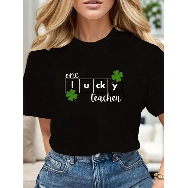 Soft Cotton St. Patrick's Day Lucky Teacher Graphic T-Shirt Casual Crew Neck Comfortable For Casual Wear