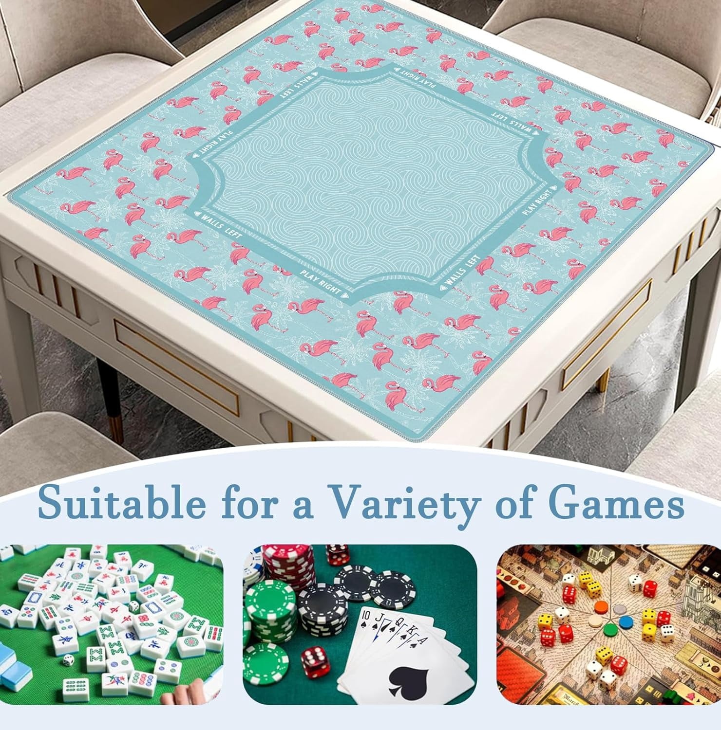 Blue Coastal Beach Flamingo Palm Leaf Mahjong Mat 31.5x31.5 Inch, Non-Slip and Noise Reduction Mah Jong Table Mat Cover Gifts for Mahjong Lovers Poker Board Games Dominoes