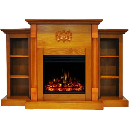 Cambridge Sanoma Electric Fireplace Heater with 72-In. Teak Mantel, Bookshelves, Enhanced Multi-Color Log Display, and