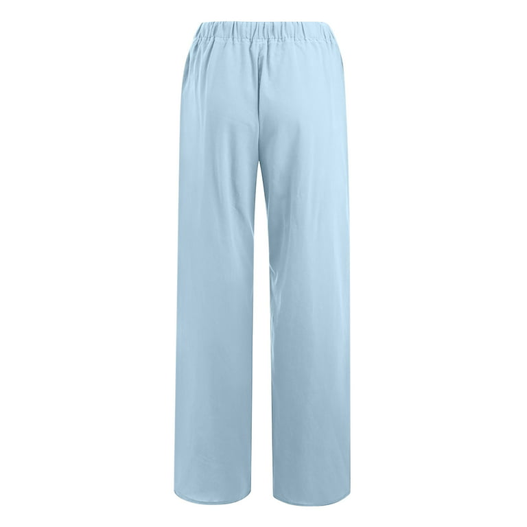 Hfyihgf Women Casual Wide Leg Pants Plus Size Drawstring Elastic Waist  Solid Color Cotton Linen Pocket Loose Trousers(Light Blue,L) 