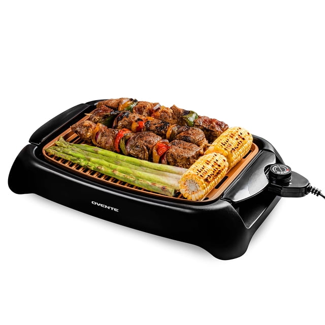 OVENTE Electric Indoor Grill with 13x10 Inch Non-Stick Cooking Surface, 1000W Fast Heat Up Power, Adjustable Temperature, Removable and Dishwasher Sa