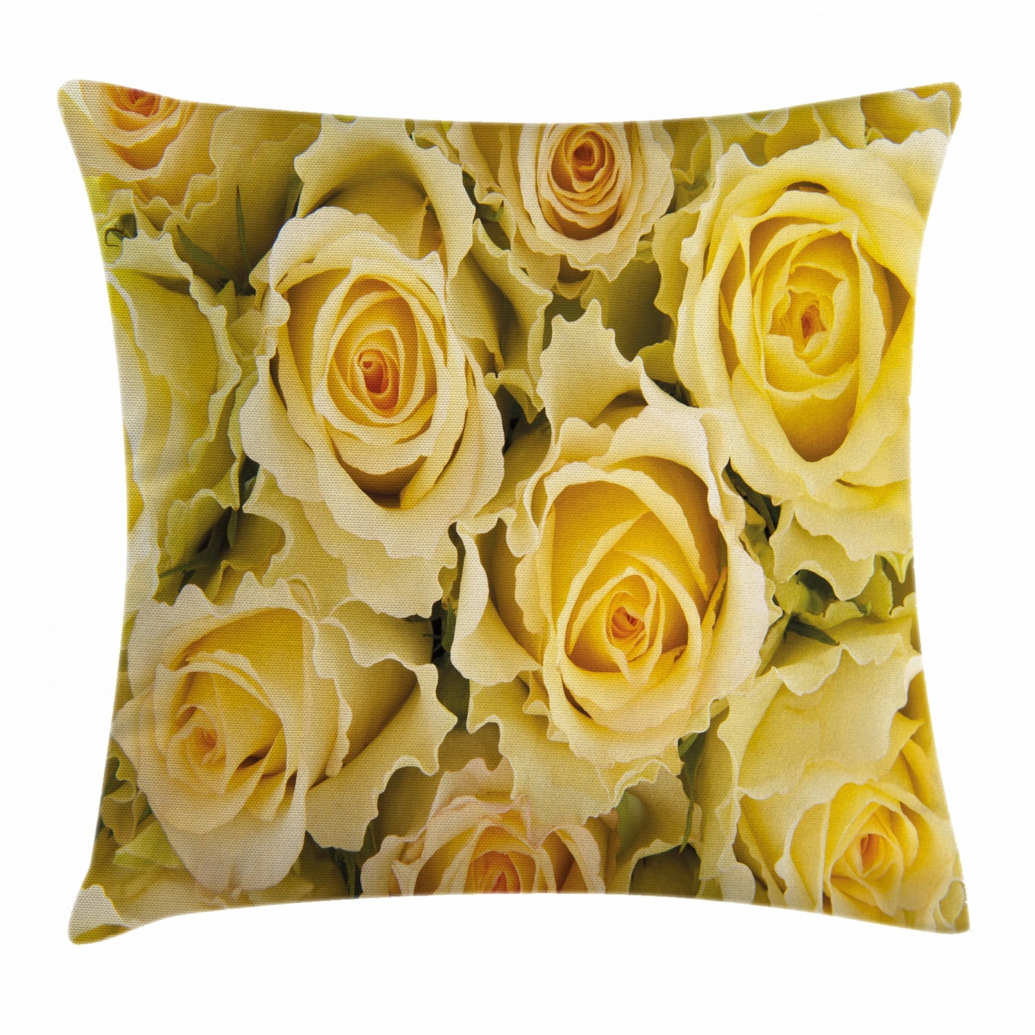 Rose Throw Pillow Cushion Cover, Bridal Flourish Yellow Roses with Wavy