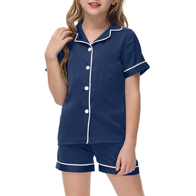 Pyjama en Satin pour Ados Enfants Uni Imprimé à Boutons Tenue de Nuit avec Shorts 2 Pcs Ensemble de Pyjama Classique d'Été Pyjama pour Fille Taille 12-13
