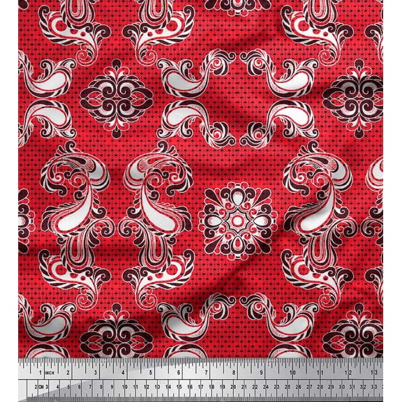Soimoi Orange Japan Crepe Satin Fabric Geometric & Paisley Damask Print Fabric by the Yard 42 Inch Wide