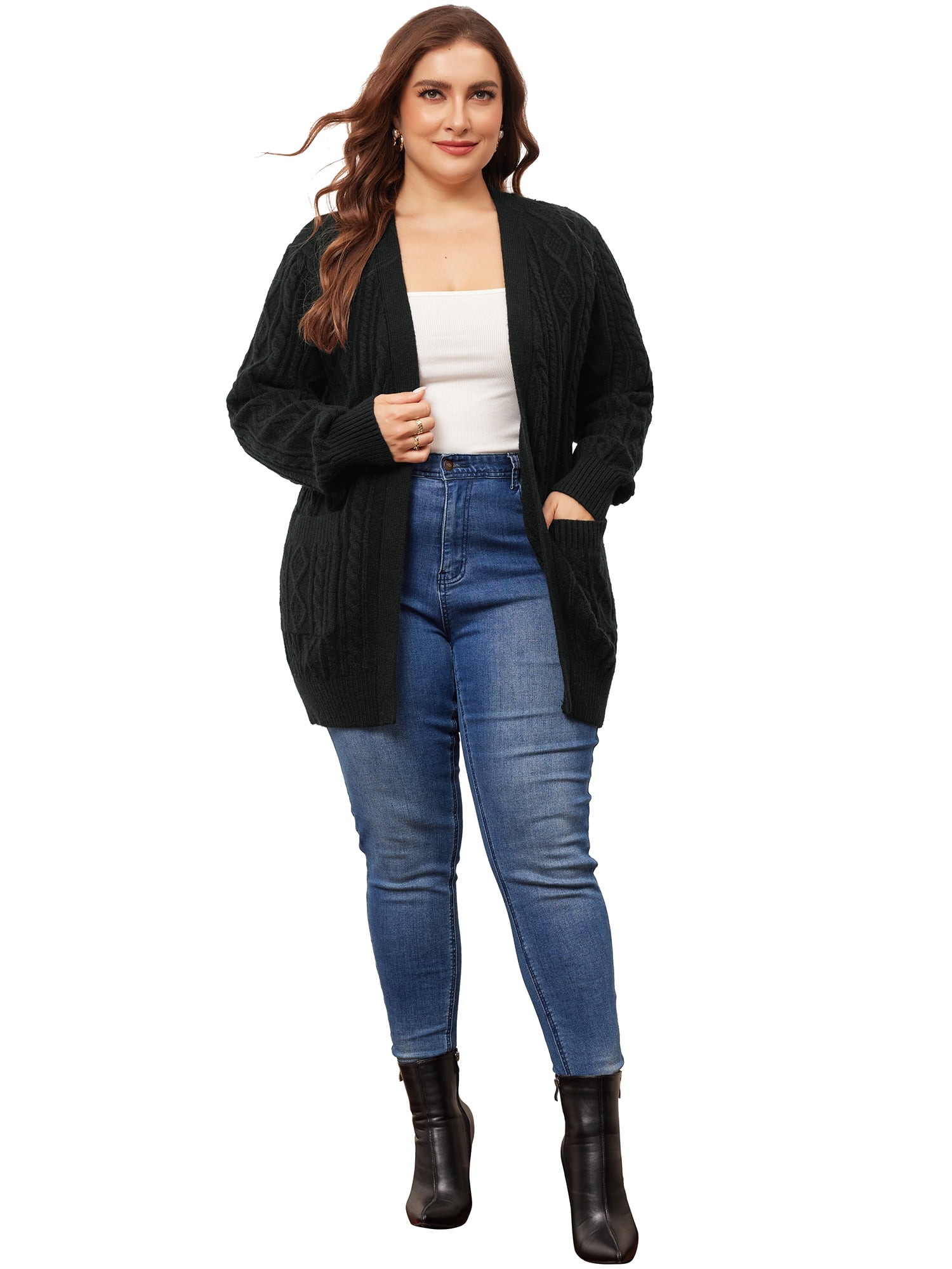 DARING DIVA Women's Plus Lightweight Long Sleeve Open Front Sweater 1X Black