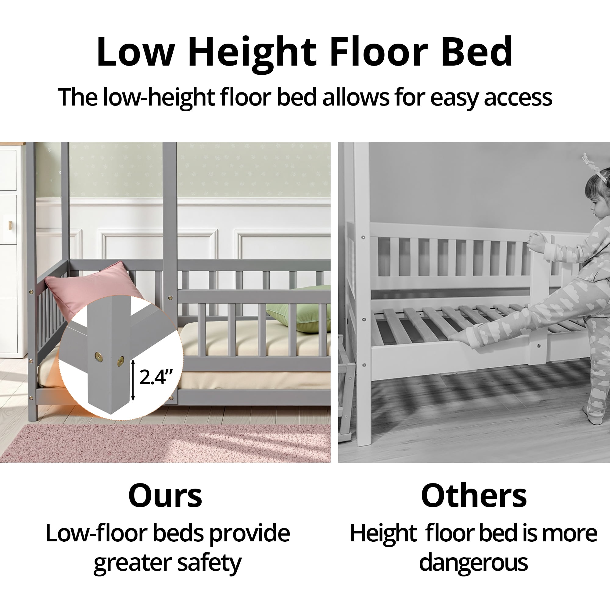 Twin Size Floor Bed, House Floor Wood Bed with Roof Frame for Kids Toddlers Teens, Montessori Bed Frame with Fence-Shaped Guardrail, without Slats, Gray