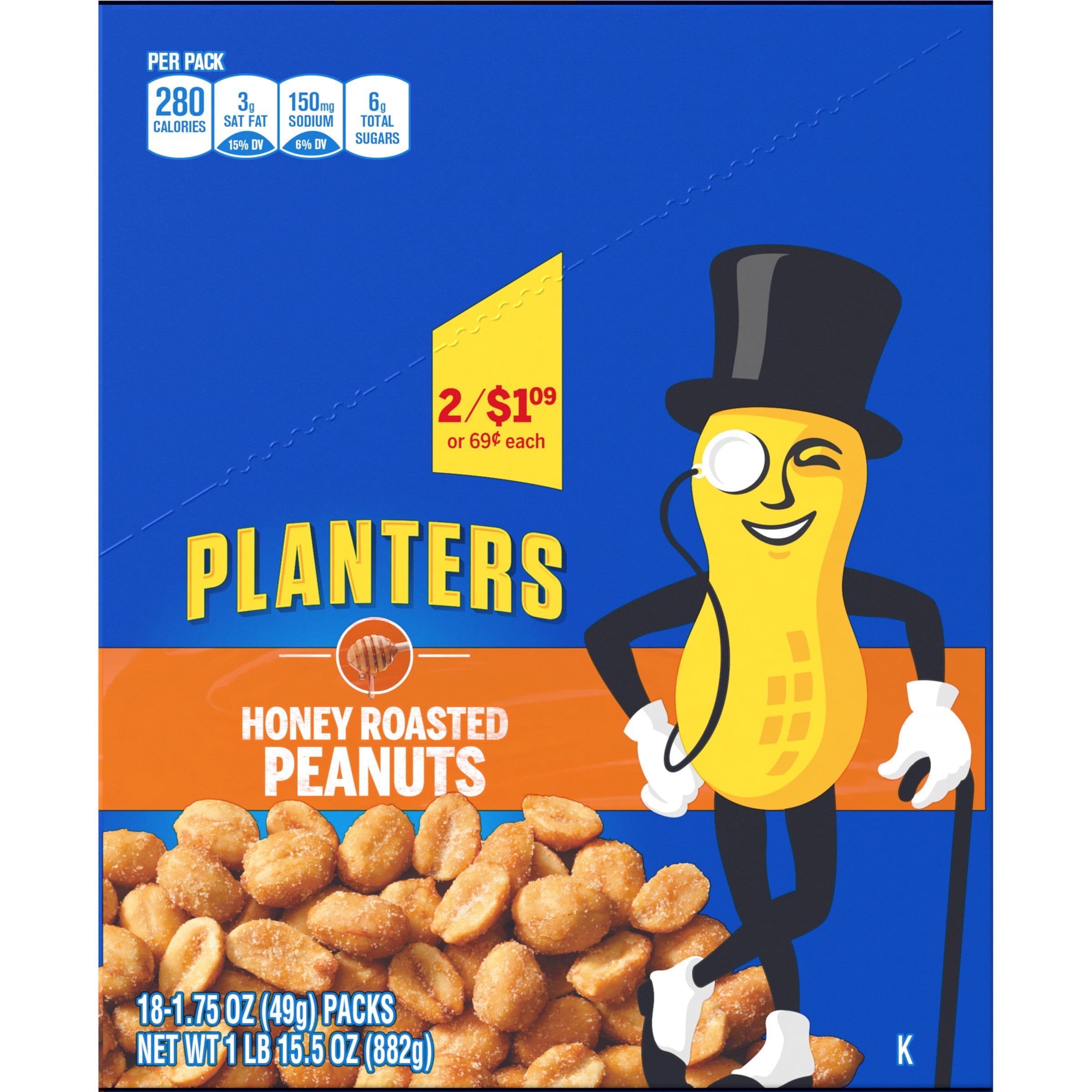 (2 pack) Planters Honey Roasted Peanuts, 18 ct - 1.75 oz Bags