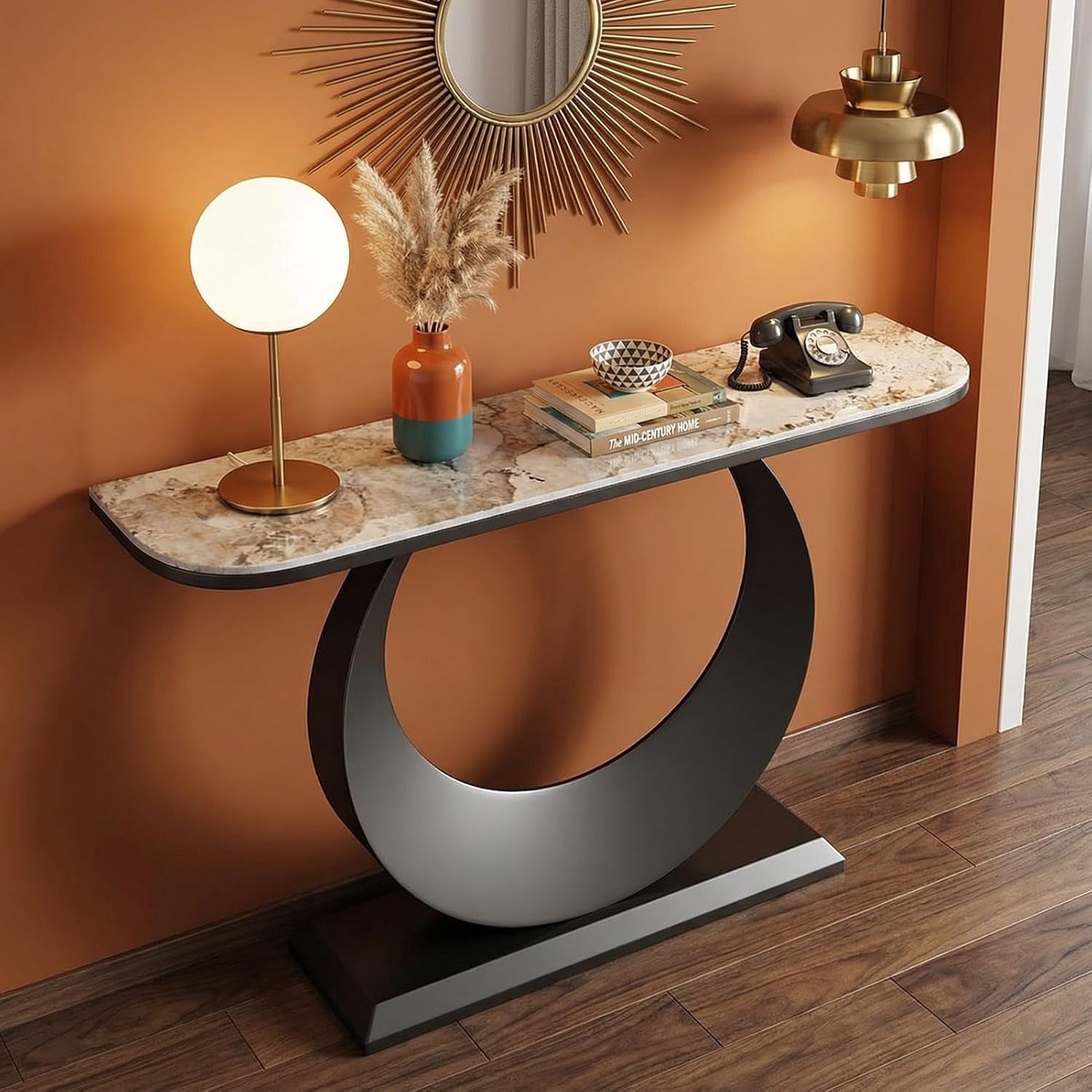 Modern Faux Marble Console Table Luxury Entryway Table with Sculptural Metal Base, Narrow Sofa Table Behind Couch for Living Room, Hallway, Foyer