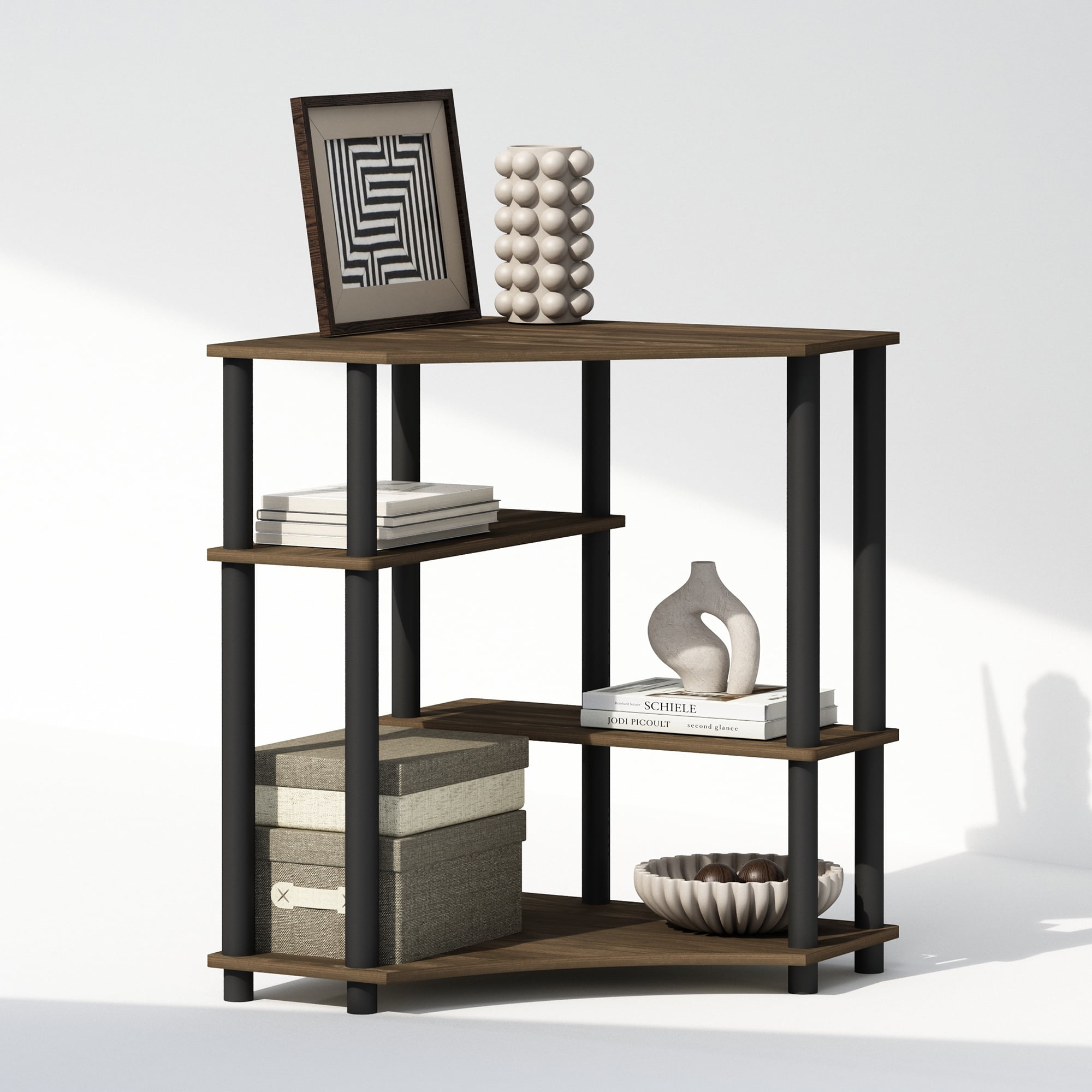 Furinno Turn-N-Tube Adult Corner Bookcase, Multipurpose Shelf, Display Rack, Columbia Walnut/Black