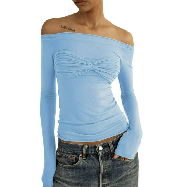 Women Tops Solid Color Off Shoulder Flared Long Sleeve T-Shirts
