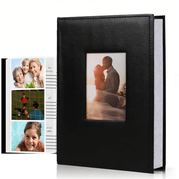 4x6 Photo Album Holds 300 Pictures, Leather Cover with Front Window, Large Capacity Slip-in Picture Albums with Horizontal Pockets for Wedding Kids Travel Anniversary Family Baby Photo Books, Black