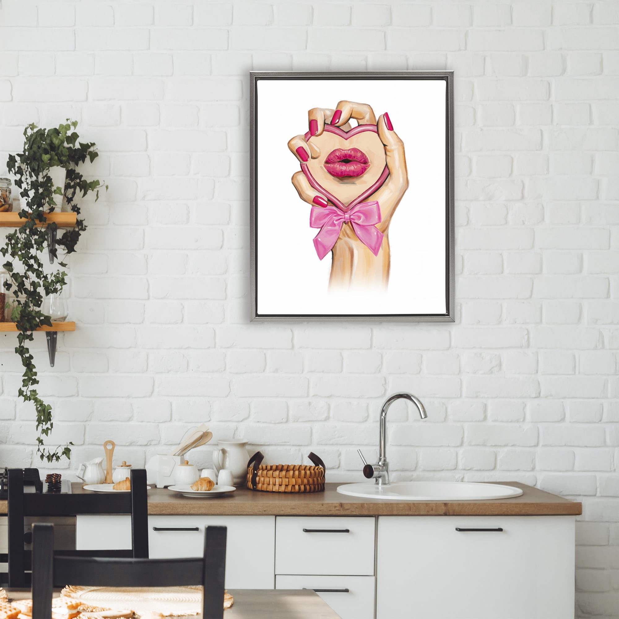 Pink Lips in Mirror Gray Framed Floater Canvas Wall Art, design by Ziwei Li
