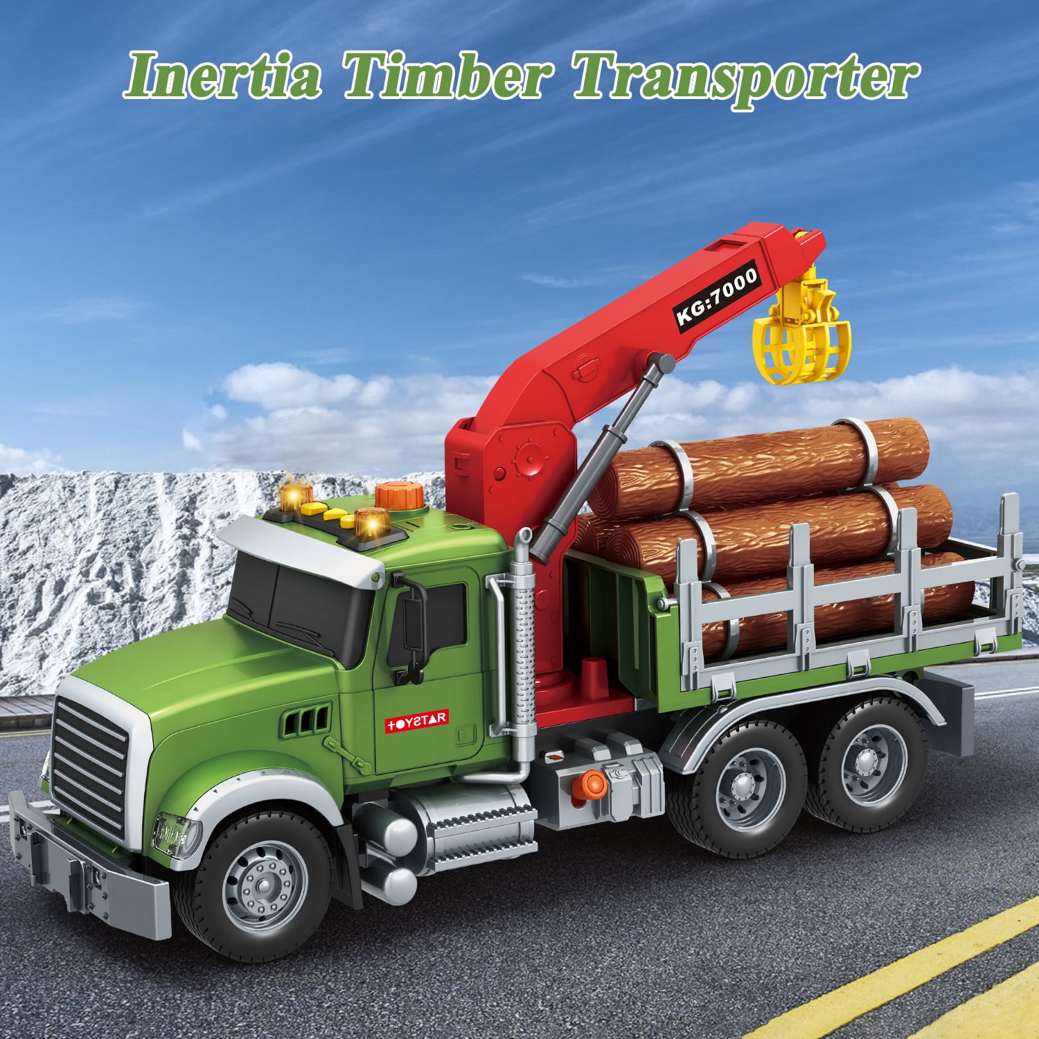 Kids Timber Truck Toy with Loading Crane, 15" Large Friction Powered Construction Truck with Lights and Sounds, Play Vehicle Toys for Kids