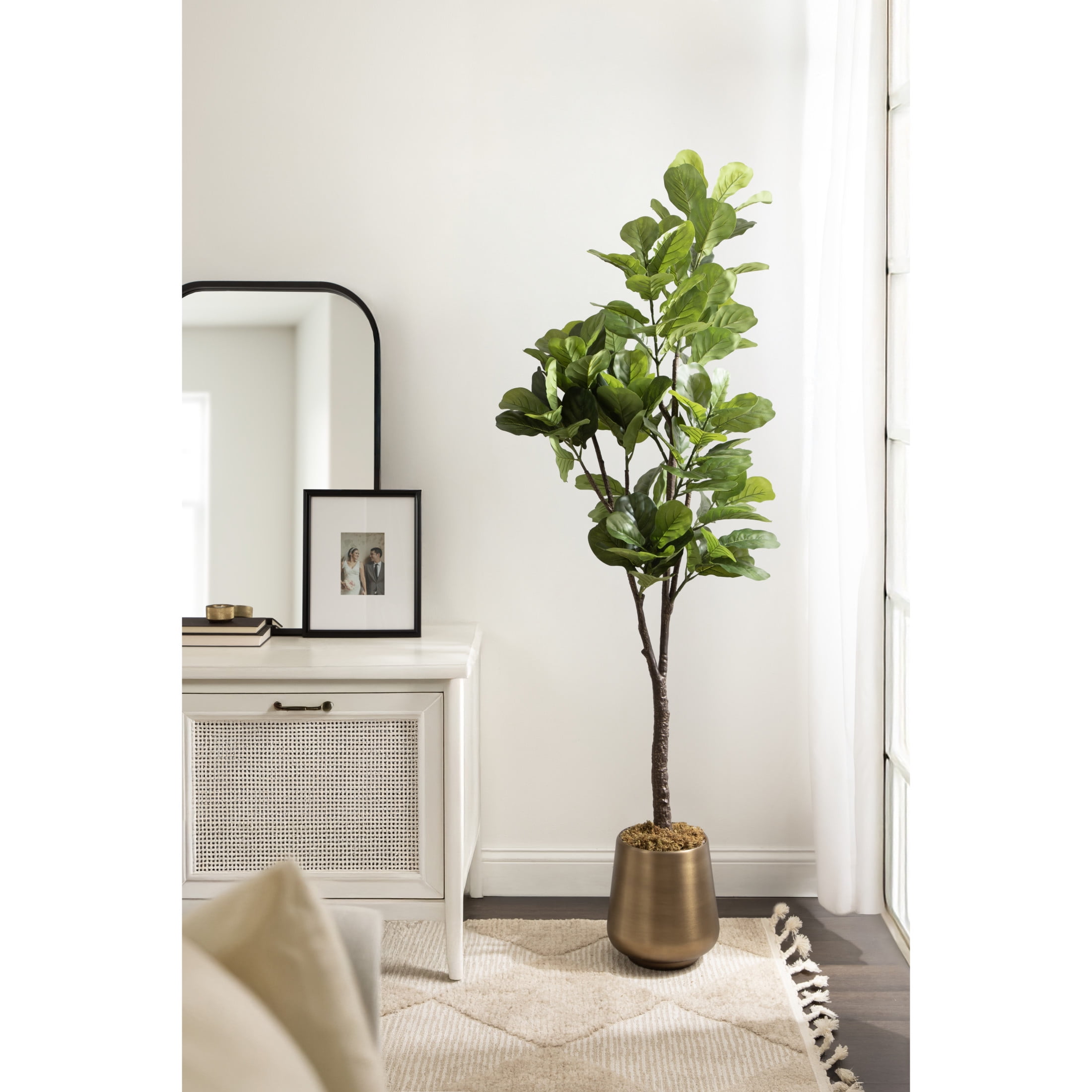 Kate and Laurel Fidmont Faux Fiddle Fig Tree with Portell Metal Planter Pot, 6 FT, Gold, Potted Artificial Tree Indoor with Realistic Foliage and Added Moss, Fake Plant for Living Room Decor