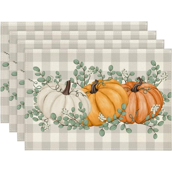 Dalrosia Pumpkins Eucalyptus Leaves Fall Placemats Set of 4, 12x18 Inch Seasonal Autumn Table Mats for Party Kitchen Dining Decoration