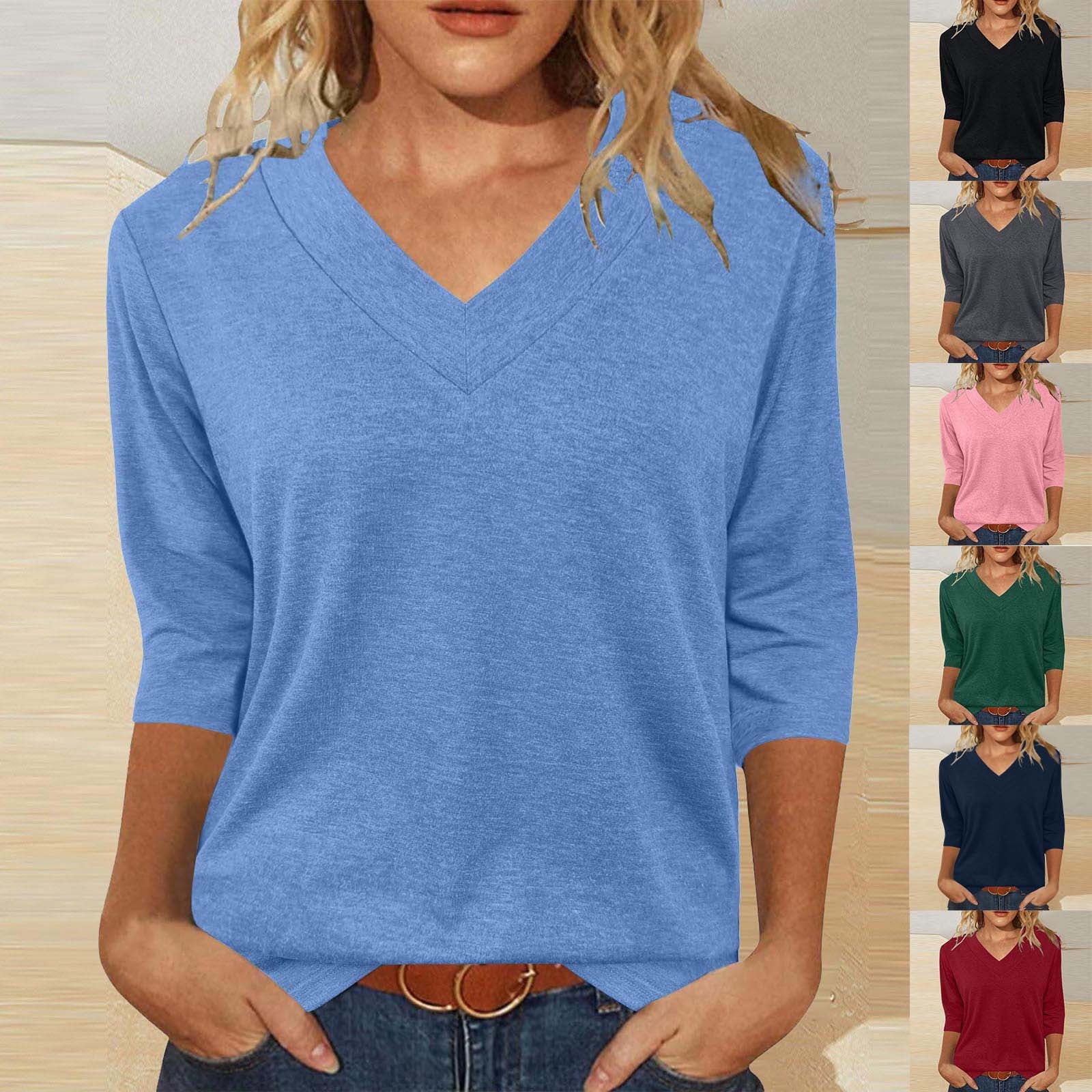 Women's Solid Color 3/4 Sleeve V Neck Pullover Sweater Tops Casual Loose Fit Fashionable Soft Knit Tunic Length for Work Office Vacation Travel Daily Wear | Aestivo,Black L