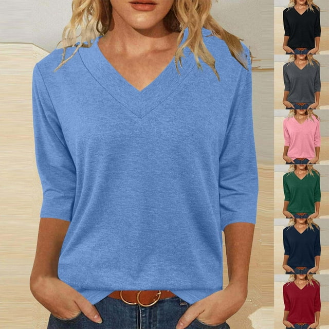 Camisa de manga larga,Suéter informal de manga 3/4 con cuello en V para mujer, color liso, mezcla de poliéster y elastano, cómodo para uso diario y en casa, sopatenor