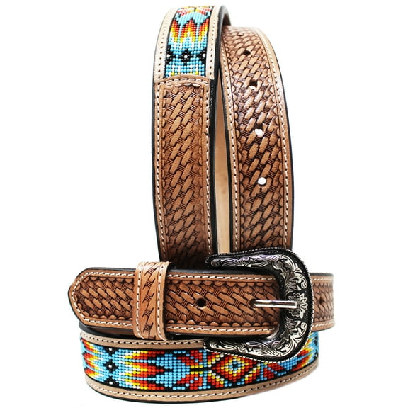 18 Kids Child Youth 1-1/4" Wide Western Floral Tooled Purple Beaded Leather Belt 26FK43C