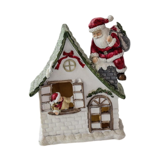 Figura de casa de pueblo navideña iluminada, decoración navideña, estatua decorativa navideña Papá Noel