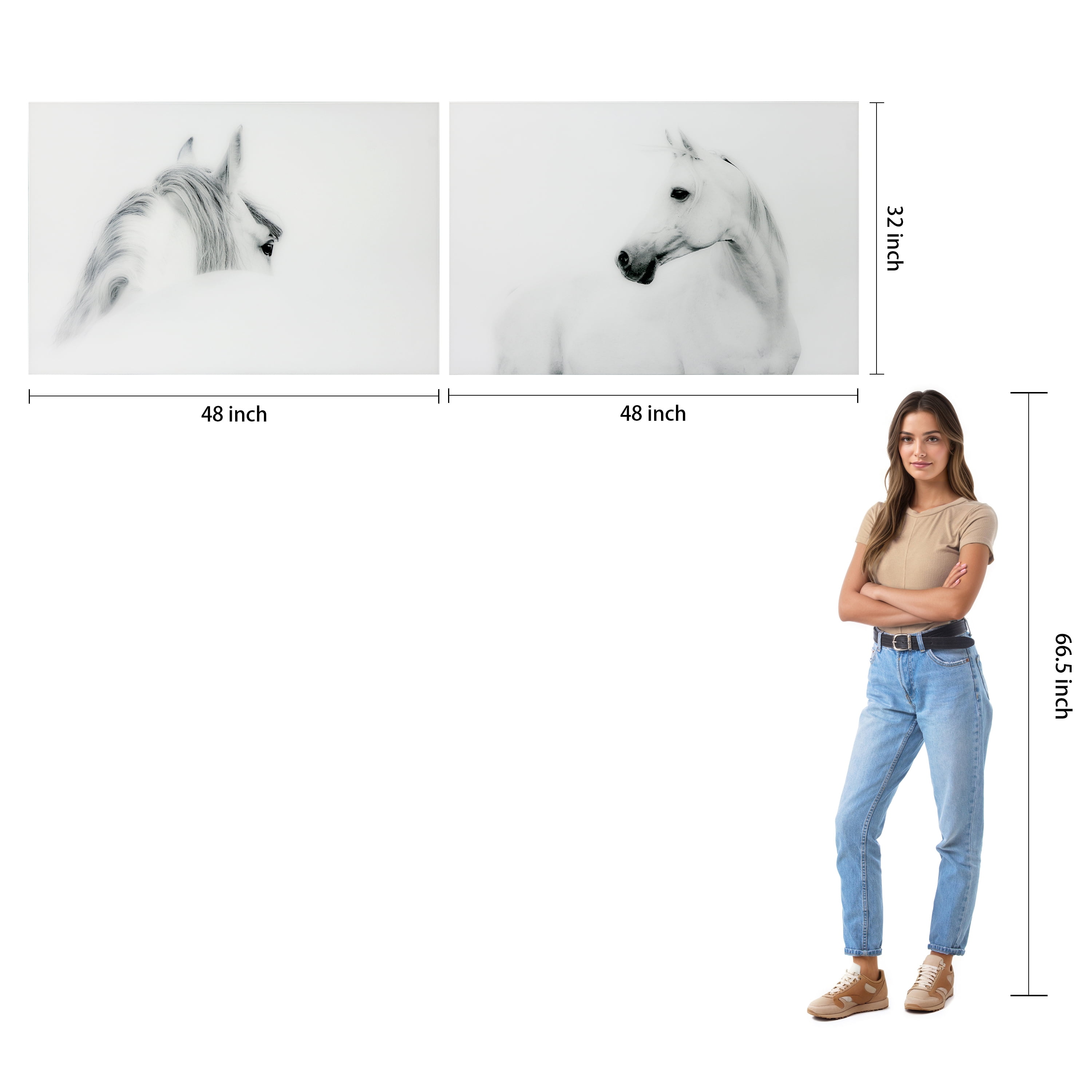 Empire Art Direct White Horses Set Frameless Free Floating Tempered Glass Panel Graphic Wall Art, 48" x 32" each, Ready to Hang