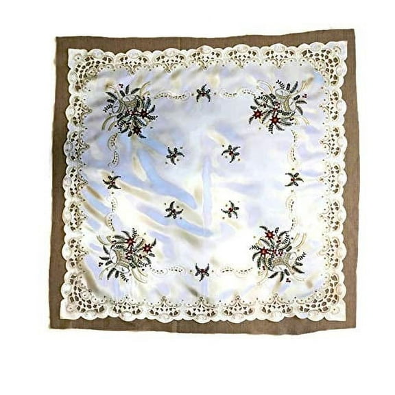 Doily Boutique Christmas Tablecloth or Table Topper Square Embroidered with Silver Bells on White Fabric, Size 34 inches