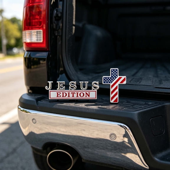 Blessed Jesus Edition Cross Emblem Metal Badge, 3D Jesus Christ Cross Edition Car Emblem Stickers with American Flag, Christian Auto Emblem Decal for SUVs RV Truck